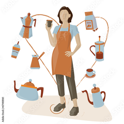 Woman Barista with Coffee Set - Polygonal, Isometric, and Cute Artstyle - Ideal for Coffee Shop and Cafe Websites - Brown and Blue Theme Coffee Set Includes Mug, Cezve, Coffee Press, Moka Pot, Kettle