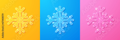 Snow stars collection. Sparkling yellow, blue and pink snow with sparkling texture, isolated on snow color matching background. Christmas decorations in vector illustration.
