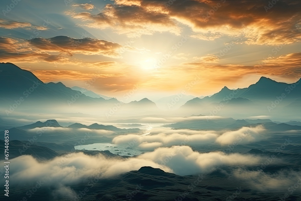 Iceland landscape with mountains and gray clouds. Generative AI Art. Beautiful dramatic view with volcanic mountains. Aerial drone view. Iceland landscape with mountains and gray clouds. Generative AI Art. Beautiful dramatic view with volcanic mountains. Aerial drone view.