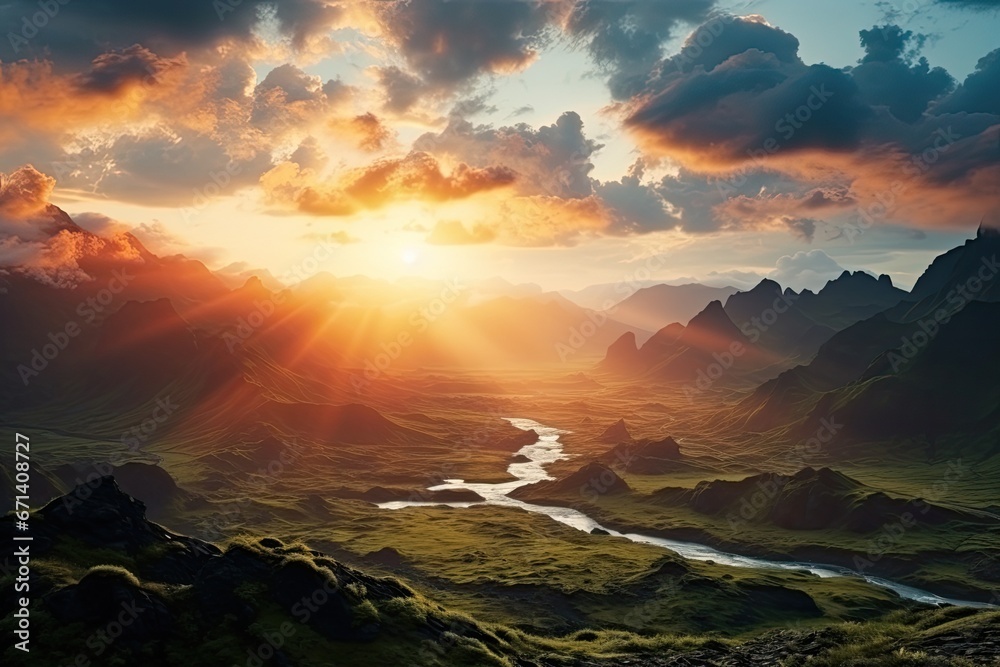Iceland landscape with mountains and valley at sunset. Generative AI Art. Beautiful view with volcanic mountains.