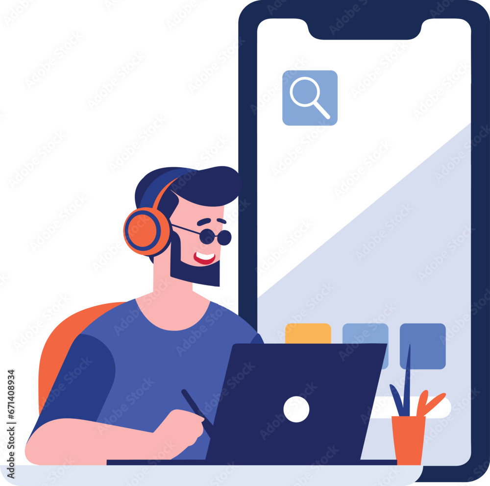 Hand Drawn Call center characters with smartphones in the concept of online support in flat style Hand Drawn Call center characters with smartphones in the concept of online support in flat style