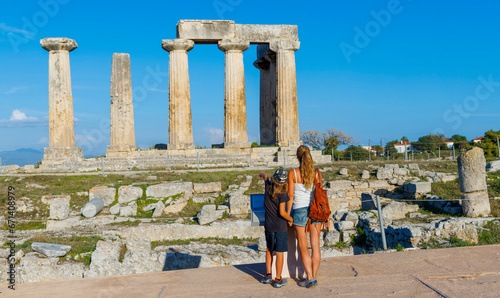 Family travel in Greece, Ruins of temple of Apollo, Ancient Corinth in Greece