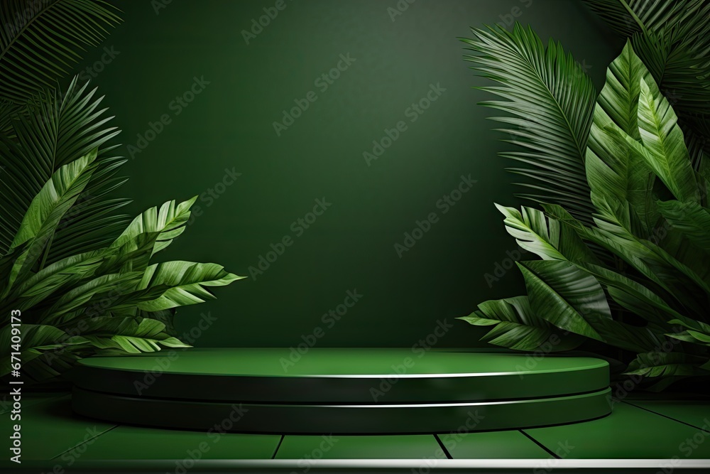 3D render of green background with tropical leaves and podiums, 8k by Generative AI 3D render of green background with tropical leaves and podiums, 8k by Generative AI