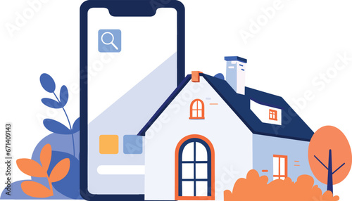 Hand Drawn House or shop with a smartphone in the concept of real estate online in flat style