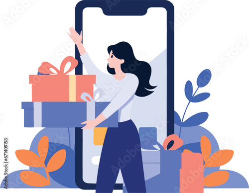 Hand Drawn Female character holding a gift with smartphone in online shopping concept in flat style