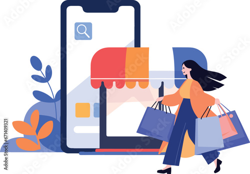 Hand Drawn Female character holding a gift with smartphone in online shopping concept in flat style