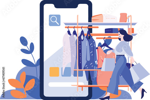 Hand Drawn Female character holding a gift with smartphone in online shopping concept in flat style