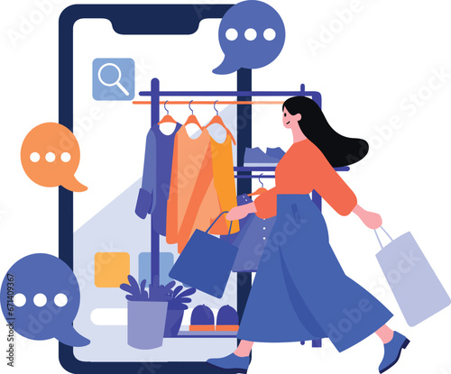 Hand Drawn Female character holding a gift with smartphone in online shopping concept in flat style