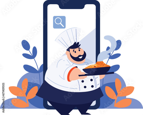 Hand Drawn Chef character teaching cooking in the concept of teaching online cooking in flat style