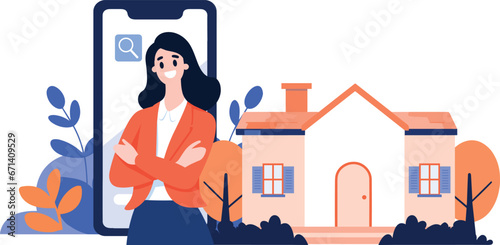 Hand Drawn House broker character with smartphone In Concept Real Estate Online in flat style