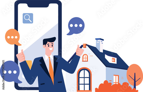Hand Drawn House broker character with smartphone In Concept Real Estate Online in flat style