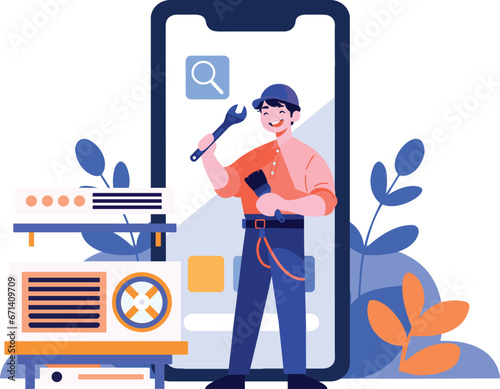Hand Drawn Engineer or repairman character with smartphone in online repair concept in flat style