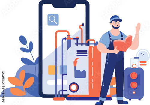 Hand Drawn Engineer or repairman character with smartphone in online repair concept in flat style