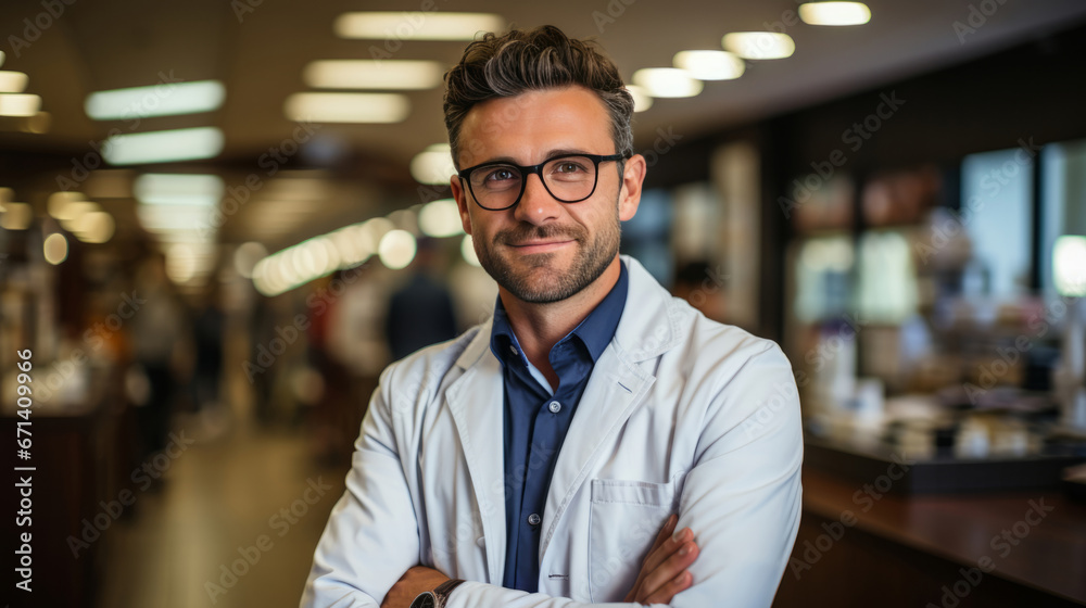 Fototapeta premium Happy doctor posing in hospital lab. Medical concept.