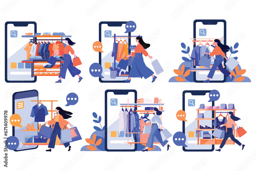 Hand Drawn Female character holding a gift with smartphone in online shopping concept in flat style