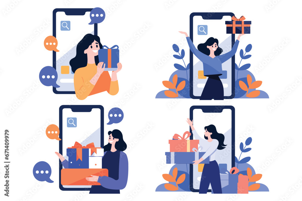 Hand Drawn Female character holding a gift with smartphone in online shopping concept in flat style Hand Drawn Female character holding a gift with smartphone in online shopping concept in flat style