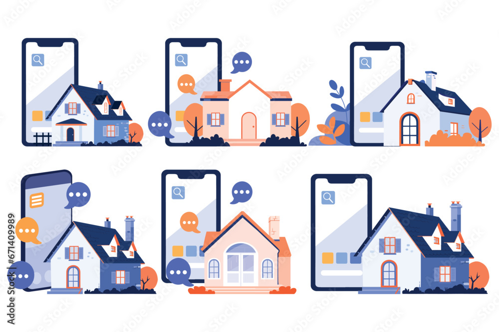 Hand Drawn House or shop with a smartphone in the concept of real estate online in flat style