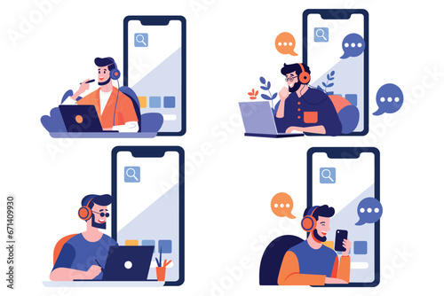 Hand Drawn Call center characters with smartphones in the concept of online support in flat style