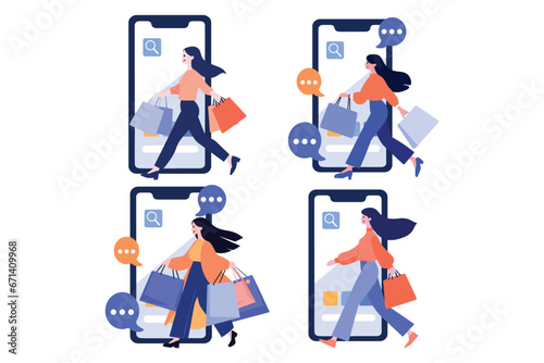 Hand Drawn Female character holding a gift with smartphone in online shopping concept in flat style