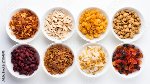 A variety of dry cereal flakes, capturing their individual characteristics, poured on a clear white plane.