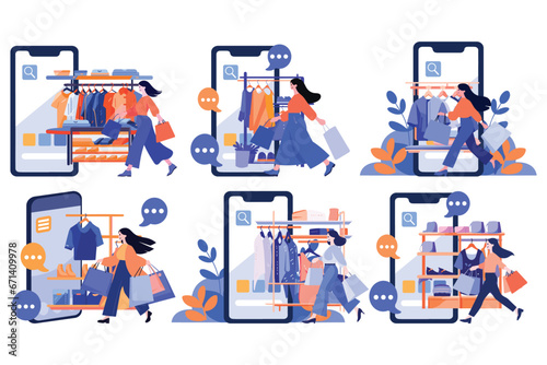 Hand Drawn Female character holding a gift with smartphone in online shopping concept in flat style