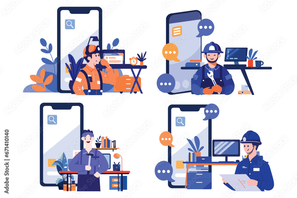 Hand Drawn Engineer or repairman character with smartphone in online repair concept in flat style