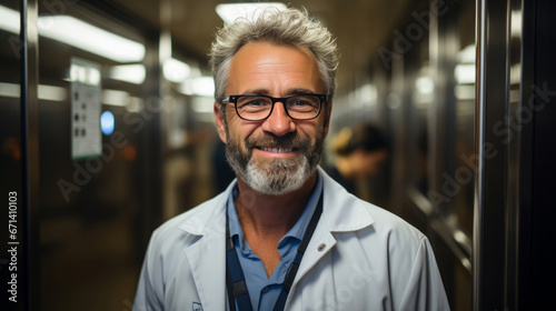 Candid shot of doctor posing in hospital elevator. Medical concept.