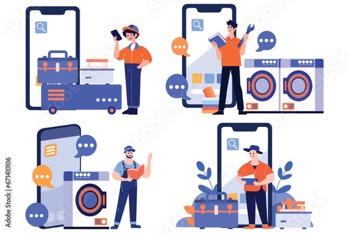 Hand Drawn Engineer or repairman character with smartphone in online repair concept in flat style