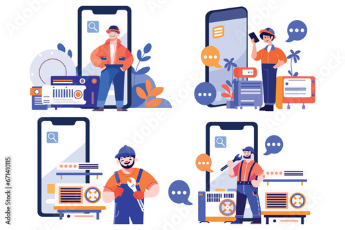 Hand Drawn Engineer or repairman character with smartphone in online repair concept in flat style © toonsteb