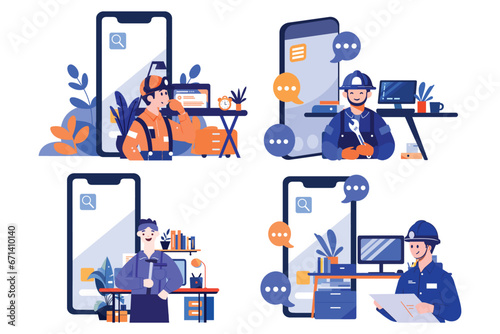 Hand Drawn Engineer or repairman character with smartphone in online repair concept in flat style