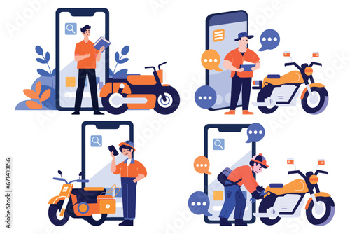 Hand Drawn Motorcycle mechanic character with smartphone In the concept of online repair technician in flat style