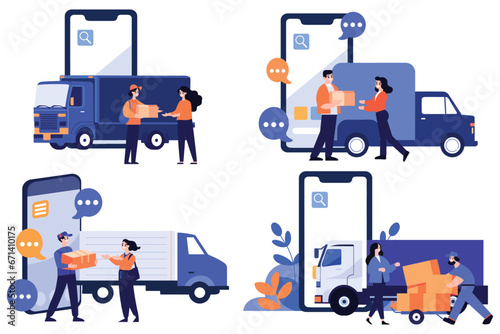 Hand Drawn Delivery man character with truck In the concept of online delivery in flat style