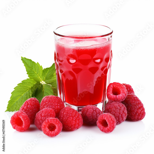 Raspberries and juice isolated on white, ai technology