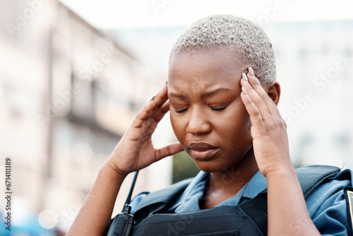 Foto Black woman, police and headache in stress, anxiety or burnout in the city for justice or law enforcement