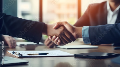 Business people shaking hands after finishing a meeting or negotiation. Business people shaking hands at meeting table Business deal and partnership concepts