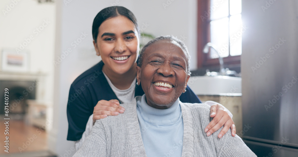 Smile, healthcare and portrait of nurse with patient in a wheelchair for discussion at nursing home. Medical career, happy and young female caregiver with senior black woman with disability in house. - obrazy, fototapety, plakaty 