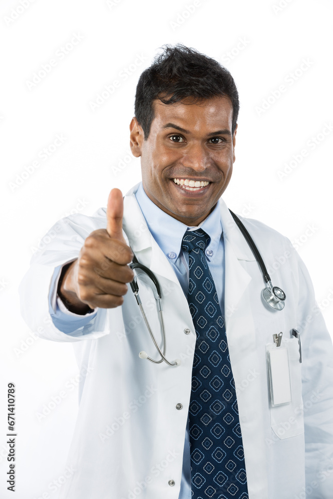 Happy Indian Doctor with thumb up in approval.