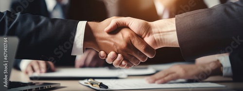 Business people shaking hands after finishing a meeting or negotiation. Business people shaking hands at meeting table Business deal and partnership concepts. Banner photo