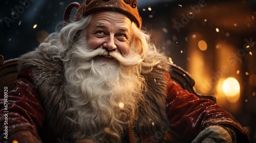 Portrait of a smiling Santa Claus on the background of a night city