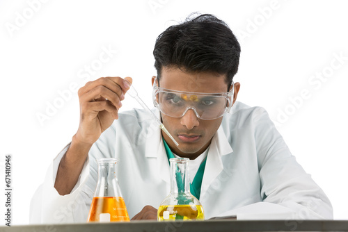 Male scientific researcher working. Isolated on white
