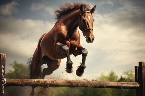 Brown horse jumping over a barrier photo