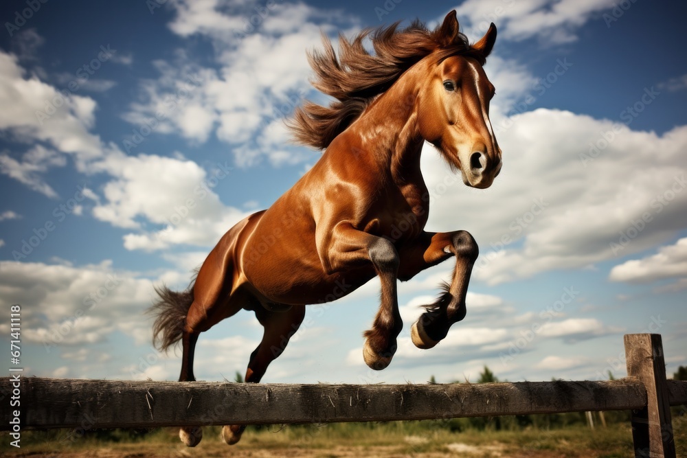 Brown horse jumping over a barrier Brown horse jumping over a barrier