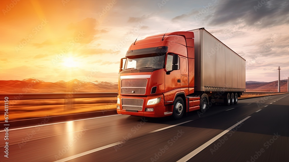 Truck with container on highway with sun light. Concept cargo transportation banner. Blur move effect.