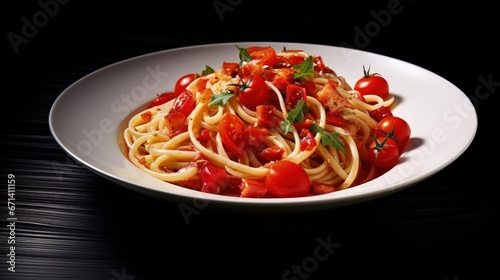 Linguine pasta with squid and cherry tomato in tomato sauce in white plate