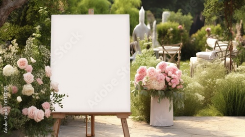 Wedding white Board, welcome sign, Seating chart Mockup , outdoors. Greeting template with clipping path. 3D rendering photo