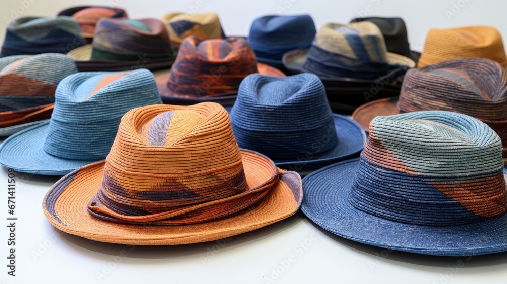 Panama hats made from recycled fabric. Recycling of textiles. Fabric woven from old jeans. Recycling old things and making new ones. Upcycling. Sustainable fashion.