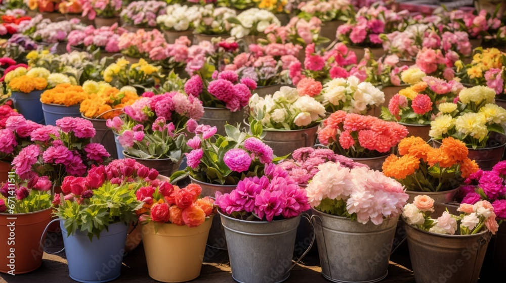 A vibrant flower market scene, with buckets filled with fresh flowers, ready to be sold.