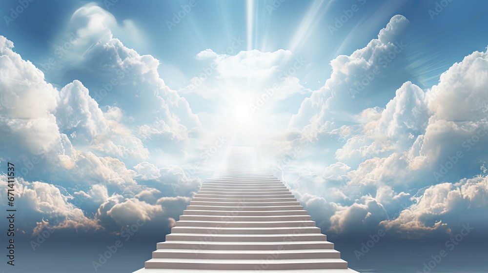 Stairs in sky. Concept with staircase, sun, white clouds and blue background - obrazy, fototapety, plakaty 