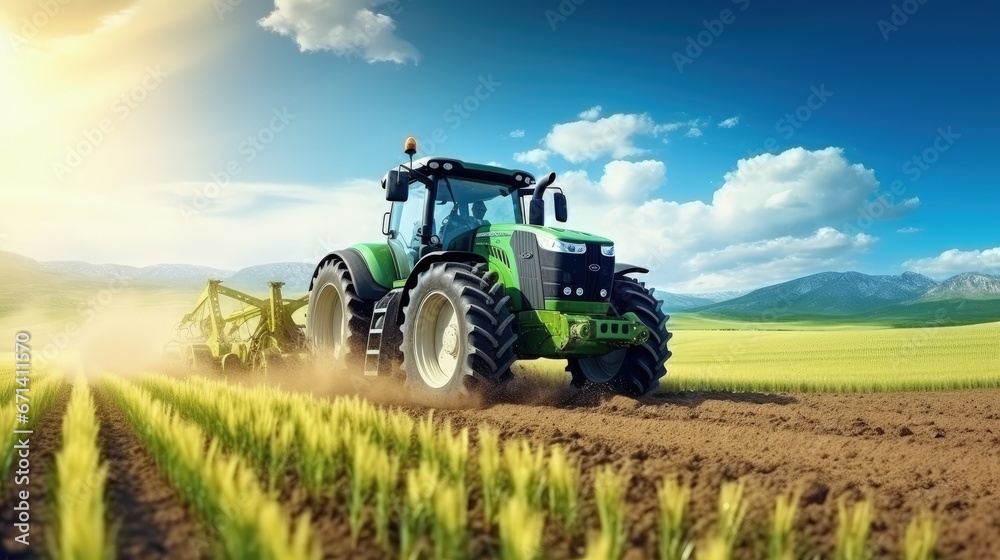 Spring sowing season. Farmer with a tractor sows corn seeds on his field. Planting corn with trailed planter. Farming seeding. The concept of agriculture and agricultural machinery. Spring sowing season. Farmer with a tractor sows corn seeds on his field. Planting corn with trailed planter. Farming seeding. The concept of agriculture and agricultural machinery.