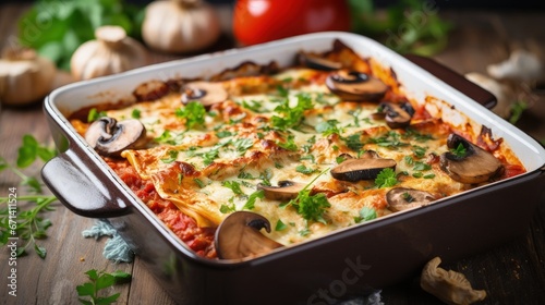 Healthy meatless dairy-free vegan tofu lasagna with champignon mushrooms, tomato sauce, Italian seasoning, served on a baking dish with fresh herbs on a white wooden table, close-up